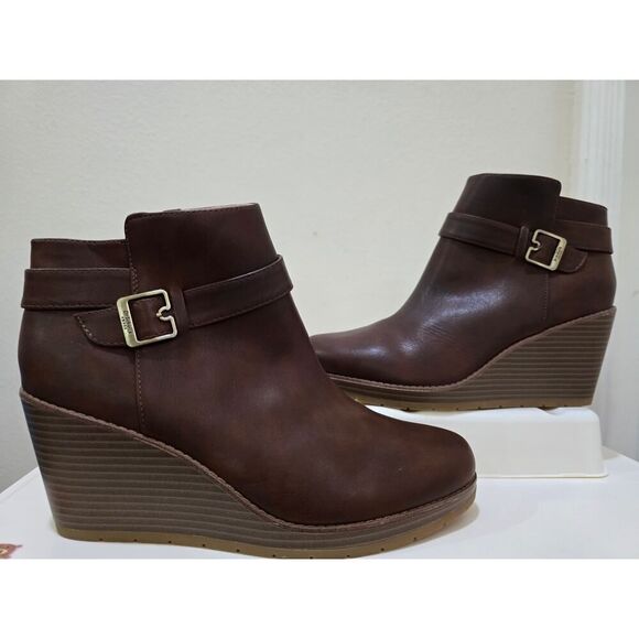 DR SCHOLLS Brown Anti-Odor 1/2" Platform Wedge Buckle Booties Comfort 11 M - Picture 2 of 10